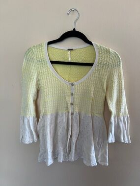 Free People Light Yellow and White Button-Front Knit Blouse